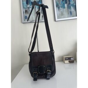Fossil 54 Genuine Leather Messenger Crossbody‎ Bag Brown Black Canvas Strap